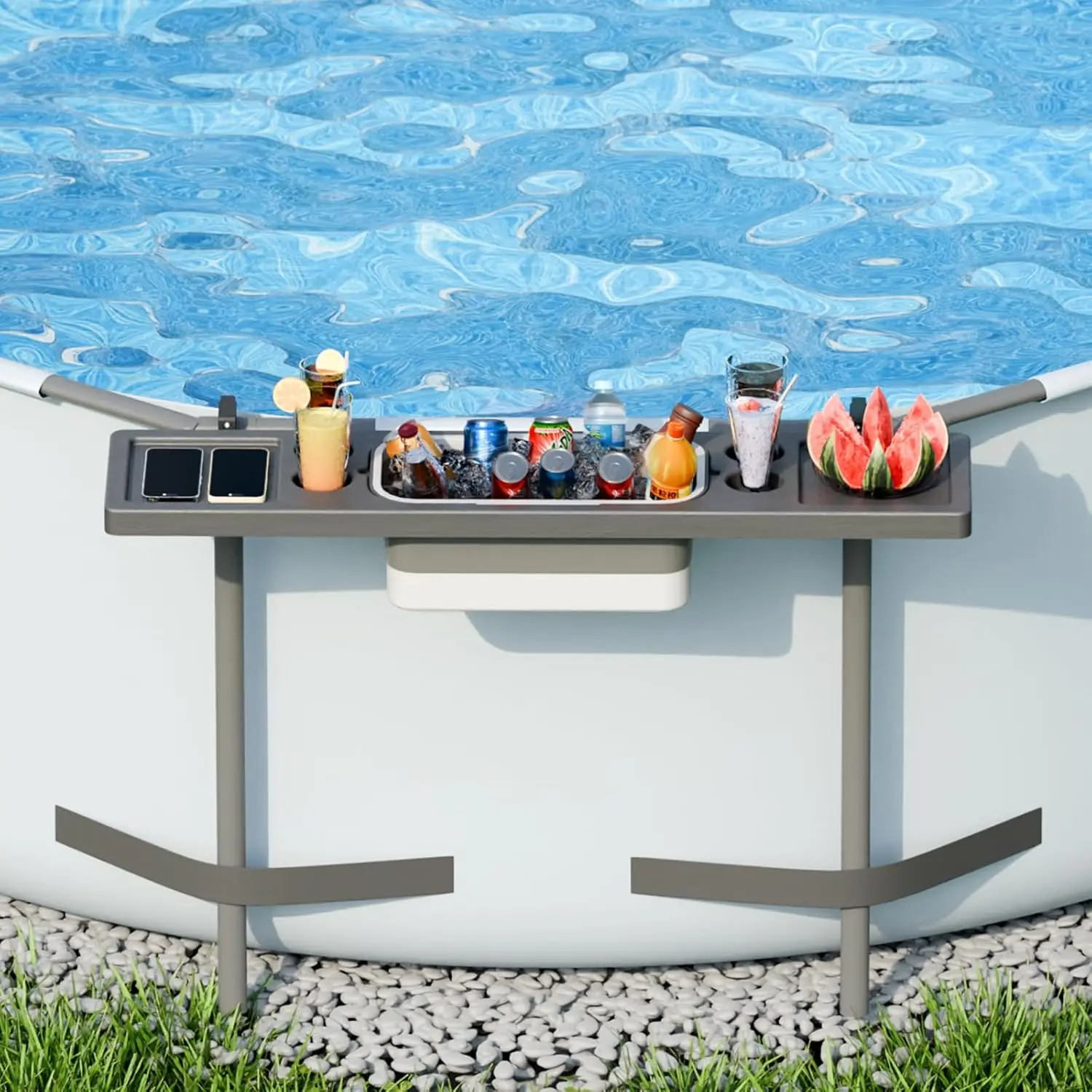 Pool Bar Above Ground Poolside Table With 5 Cup Holders Foldable Swim Up Bar For Round Oval Rectangular Frame Swimming Pools Metal Plastic Outdoor Accessories
