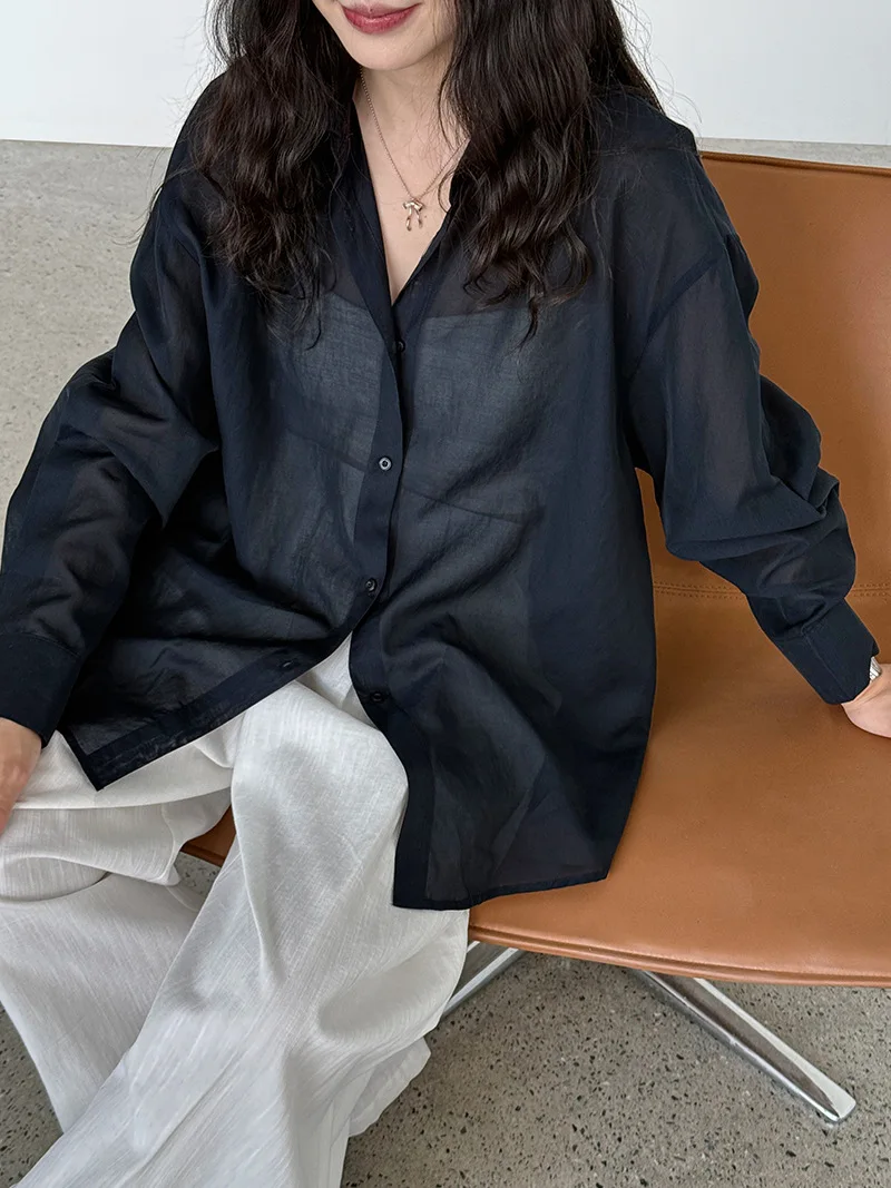 

Commuting Long Sleeve Shirt Female Sexy See Through Flare Sleeve Casual Loose Blouses Lapel Buttons Shirt Summer Fashion
