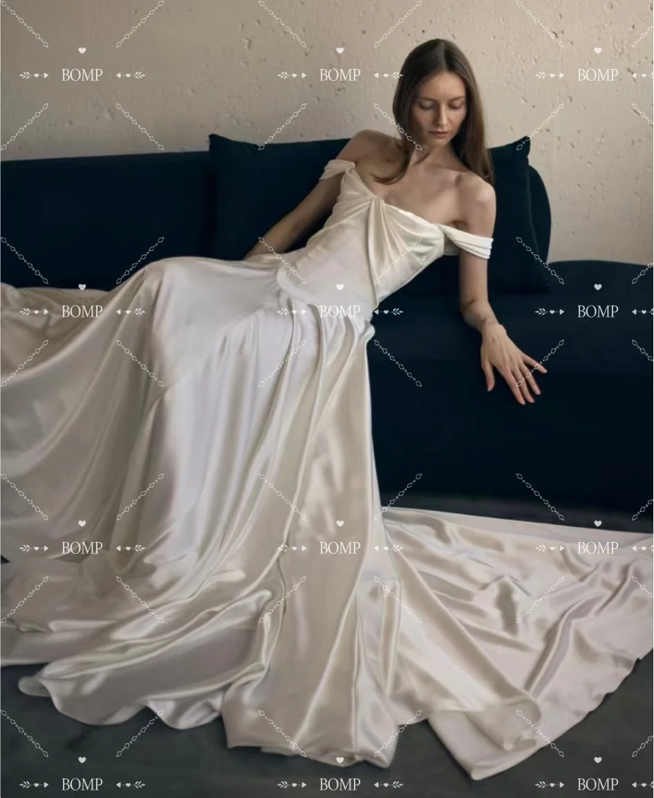 BOMP خمر فستان الزفاف الساتان العاجي للعروس مطوي الأشرطة ثنيات طول الأرض ألف خط امرأة فستان زفاف مخصص جديد 2026 #2