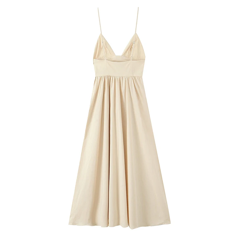 YENKYE セクシーな背中の開いたスパゲッティストラップミディドレス女性 V ネックプリーツ A ラインサマードレス女性パーティー Vestidos