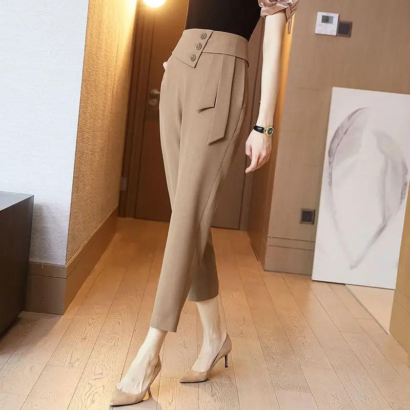 Simplicity Office Lady Summer Suit pantaloni donna sottile tasche solide bottone cerniera vita alta Chic Slim Haren pantaloni alla caviglia