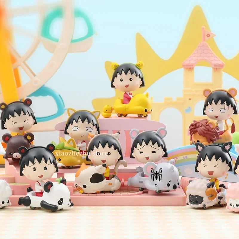 Urocze figurki z samochodami i zwierzętami Chibi Maruko-chan pudełko z niespodzianką zabawki do zabawy w niespodziankę pudełko urocze lalka Model na prezent urodzinowy dla dziewczynek