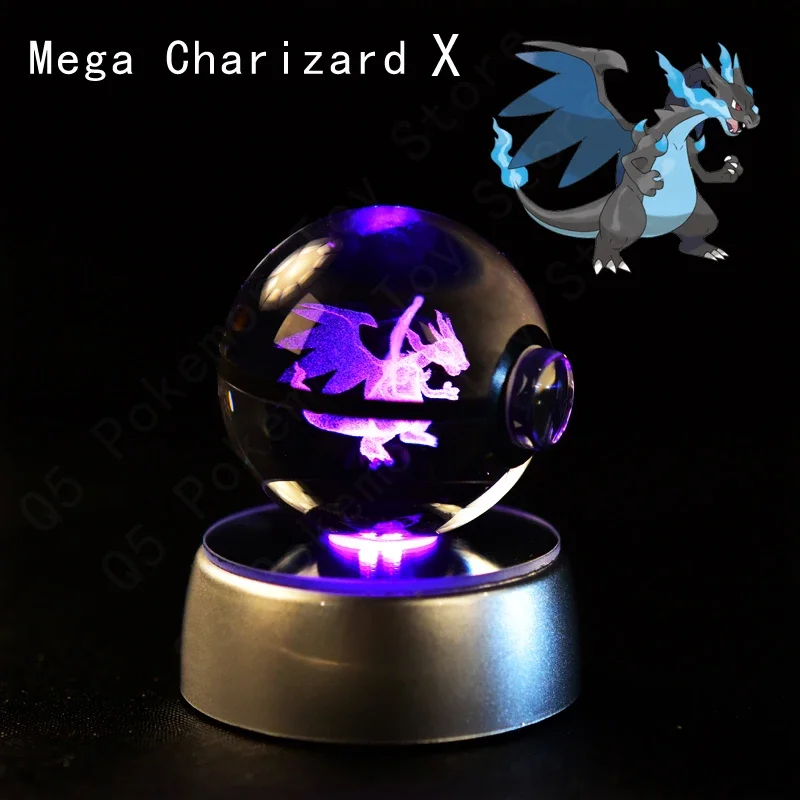 3D Pokemon Kristallkugel 5CM Mewtwo Pikachu Gengar Kristallglas Pokemon Ball Pokeball Figur Nachtlicht LED-Lampe mit Basis Geschenk