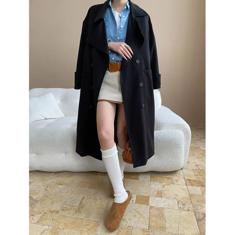 EAEOVNI Autunno Temperamento Trench lungo Donna Cintura tinta unita Doppio bottone Giacca a vento moda Versatile 2025 Nuovi vestiti