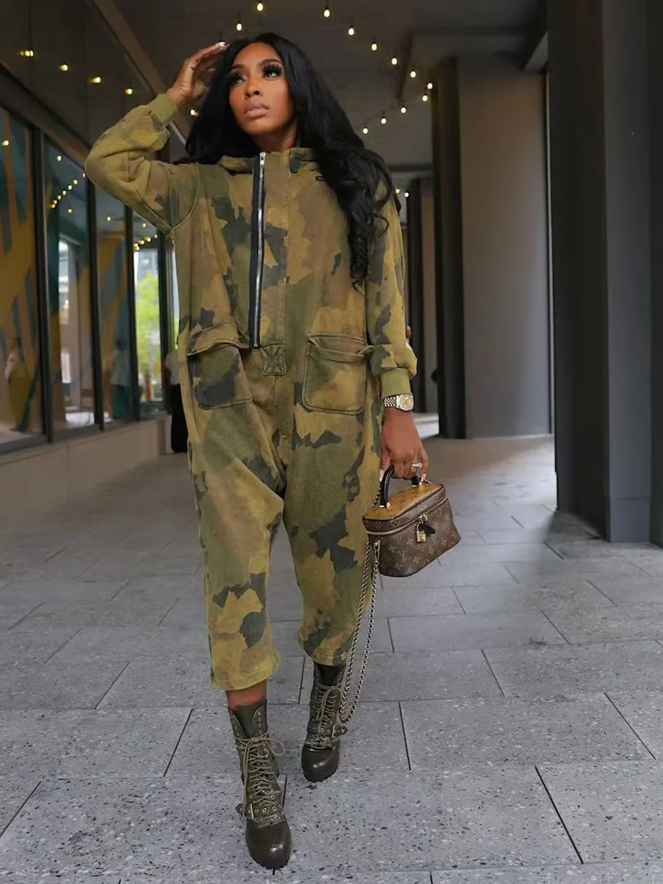 Active Camouflage Print Hooded Jumpsuit for Women 2025 Spring Sexy Club One Piece Overall Loose Cargo Rompers Outfits