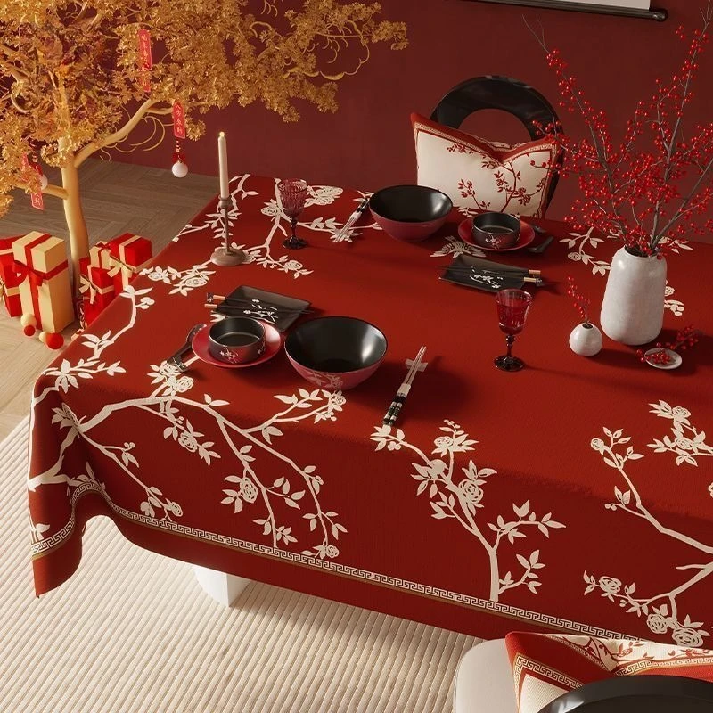Wedding Table Mat Red High-end Feel New Year Restaurant Engagement Print Tablecloth Short Plush Fabric Suitable for All Seasons