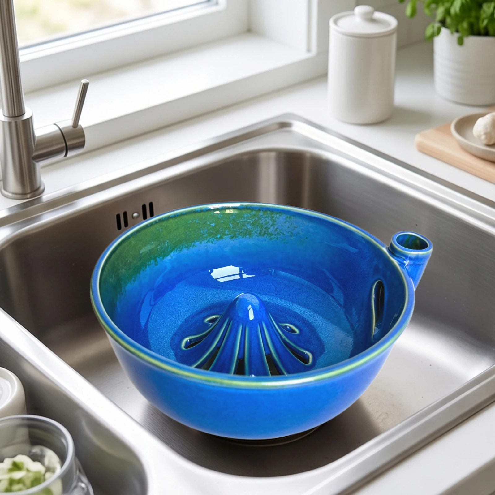 Ceramic Berry Bowl Colander with Drainage Fruit Washer Spinner 360 Degree Rotating for Home Kitchen Cleaning Berries Vegetables