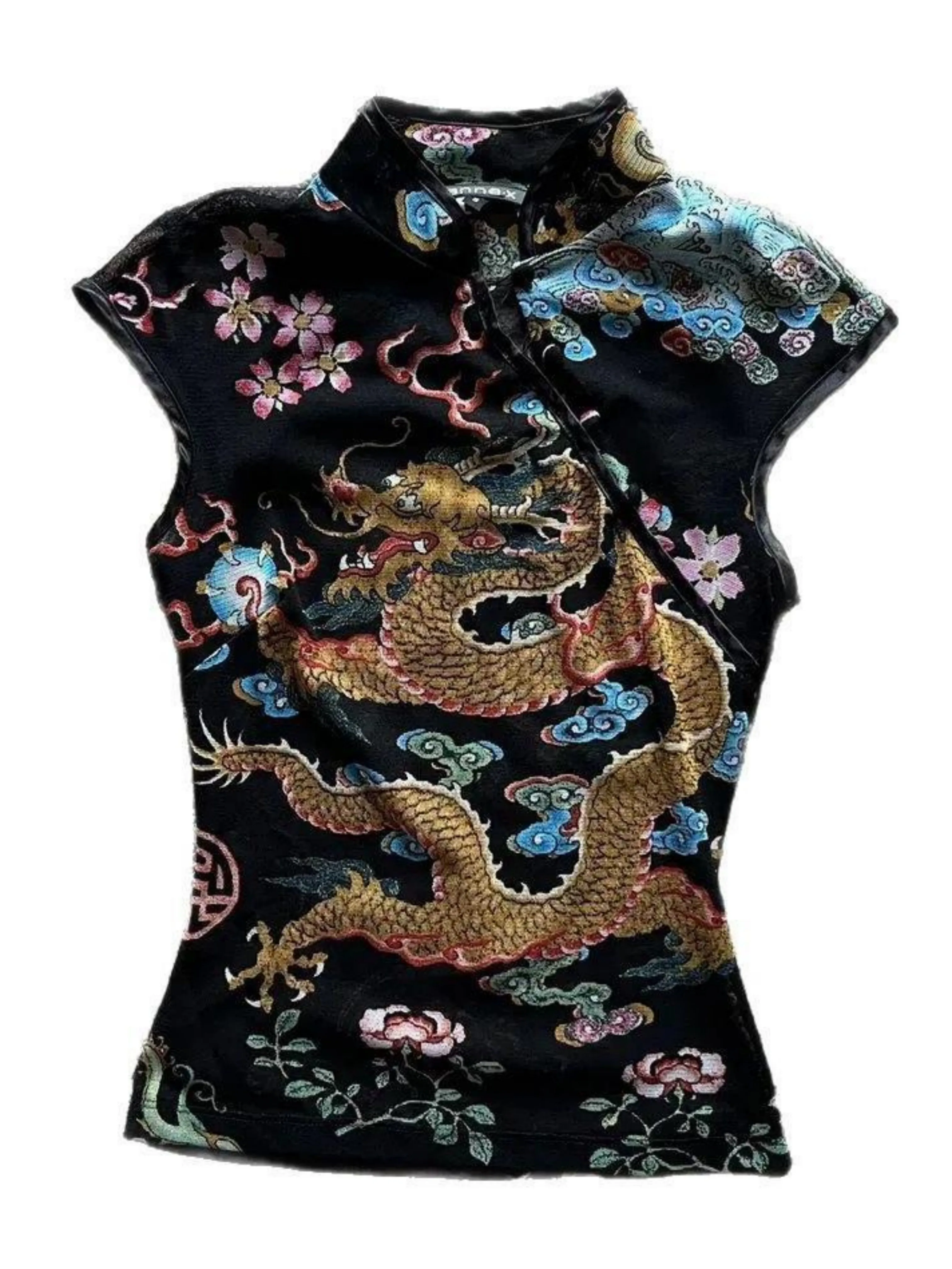 Y2K Dragon Print Cheongsam Top Women Chinese Style Slim Fit Sleeveless Qipao Collar Mesh Tank Top