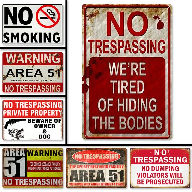 26 styles no trespassing retro public warning signs tin painting background wall frameless door sign decorative hanging painting