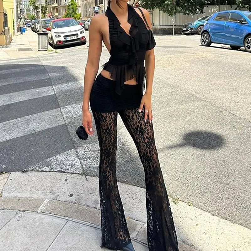 

DSMTRC Halloween Sexy Trousers Streetwear Bottoms 2024 Fashion Hollow Out Lace Sheer Flare Pants Club Party Outfits for Women