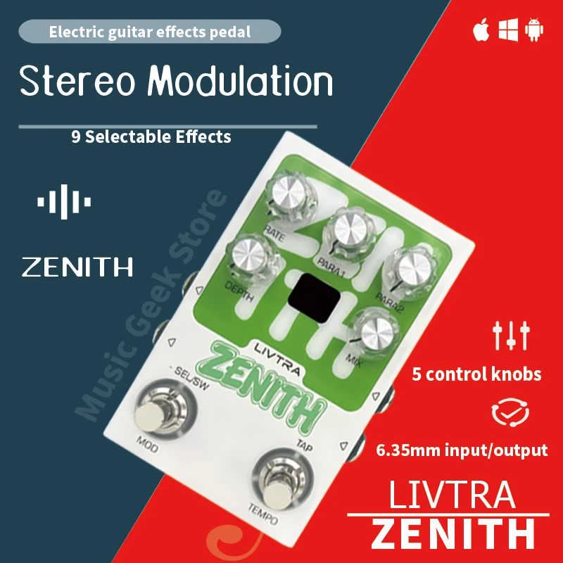 LIVTRA ZENITH Stereo Mod Pedal, 9 Hi-Fi Effects, True Stereo I/O, Tap Tempo, USB Recording for Electric Guitar