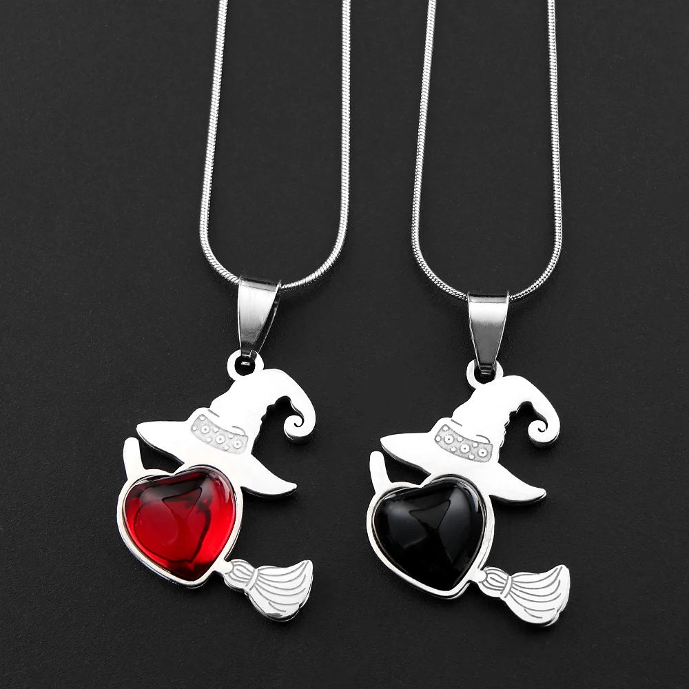 Stainless Steel Witch Hat Broom Pendant Necklace Black Glass Red Heart Magic Necklaces for Women Halloween Party Jewelry Gifts