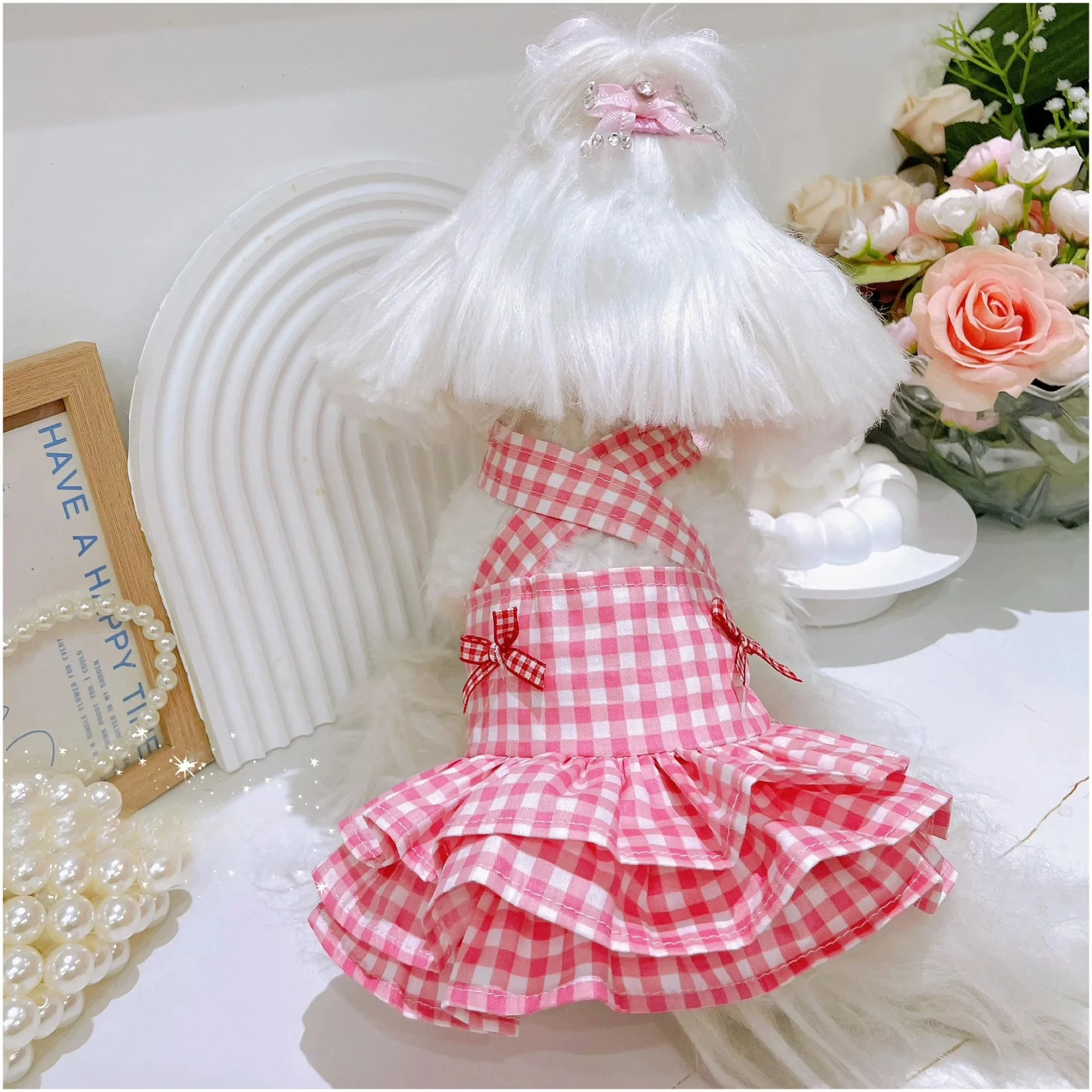 Pet Plaid Dress Cute Bow Vest Suspender Skirt Fluffy Skirt Cute Puppy Dress Outfit Puppy Dog Dresses for Small Dogs