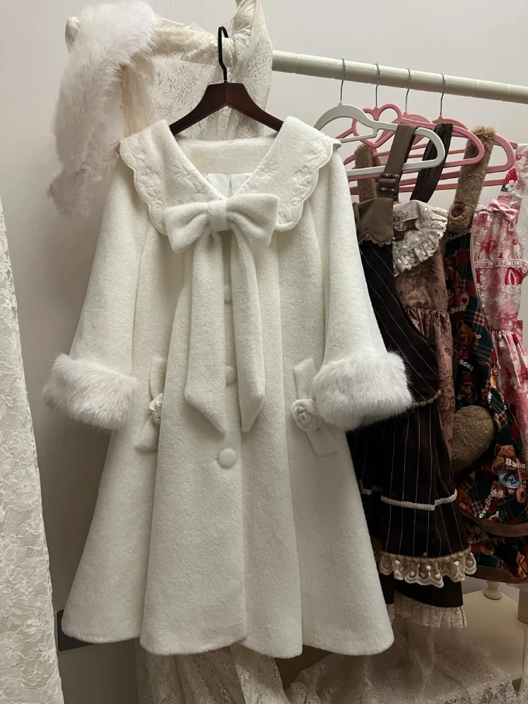Autumn Winter Sweet Elegant Overcoat Women Y2k Bow Lolita Princess Design Retro Warm Coat Female Chic Korean Popular Clothes