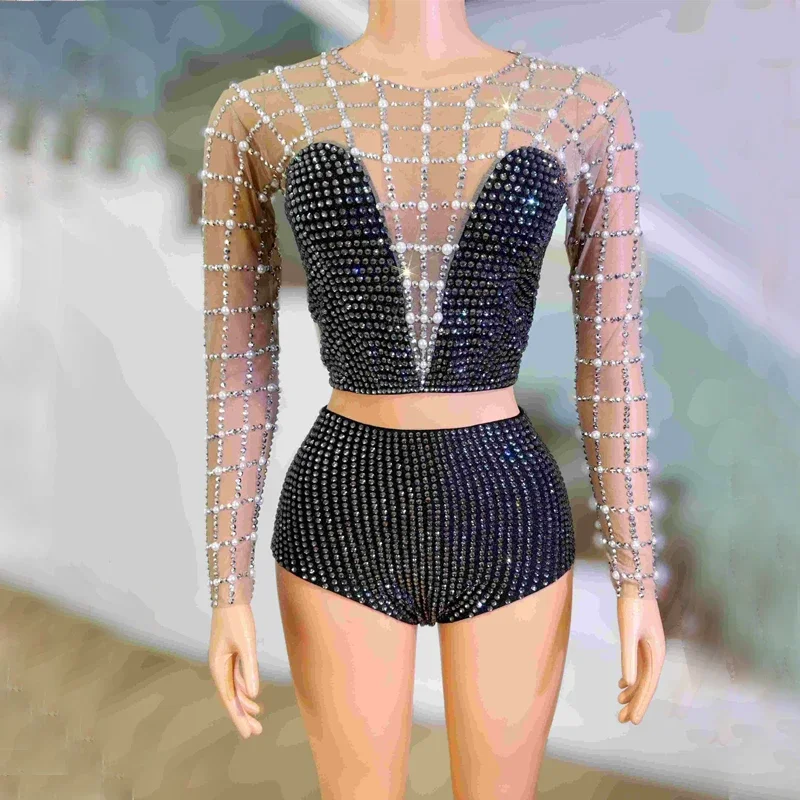 Glanzende Pole Dance Outfit Sexy Strass Top Shorts Vrouwen Party Gogo Dance Kostuum Bar Nachtclub Ds Dj Rave Kleding XS7425
