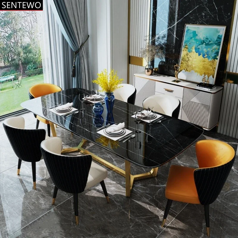 Marble Dinning Table And 10 Chairs Set Stainless Steel Gold Plating Base Luxury Kitchen White Black Table Chaises Salle Manger