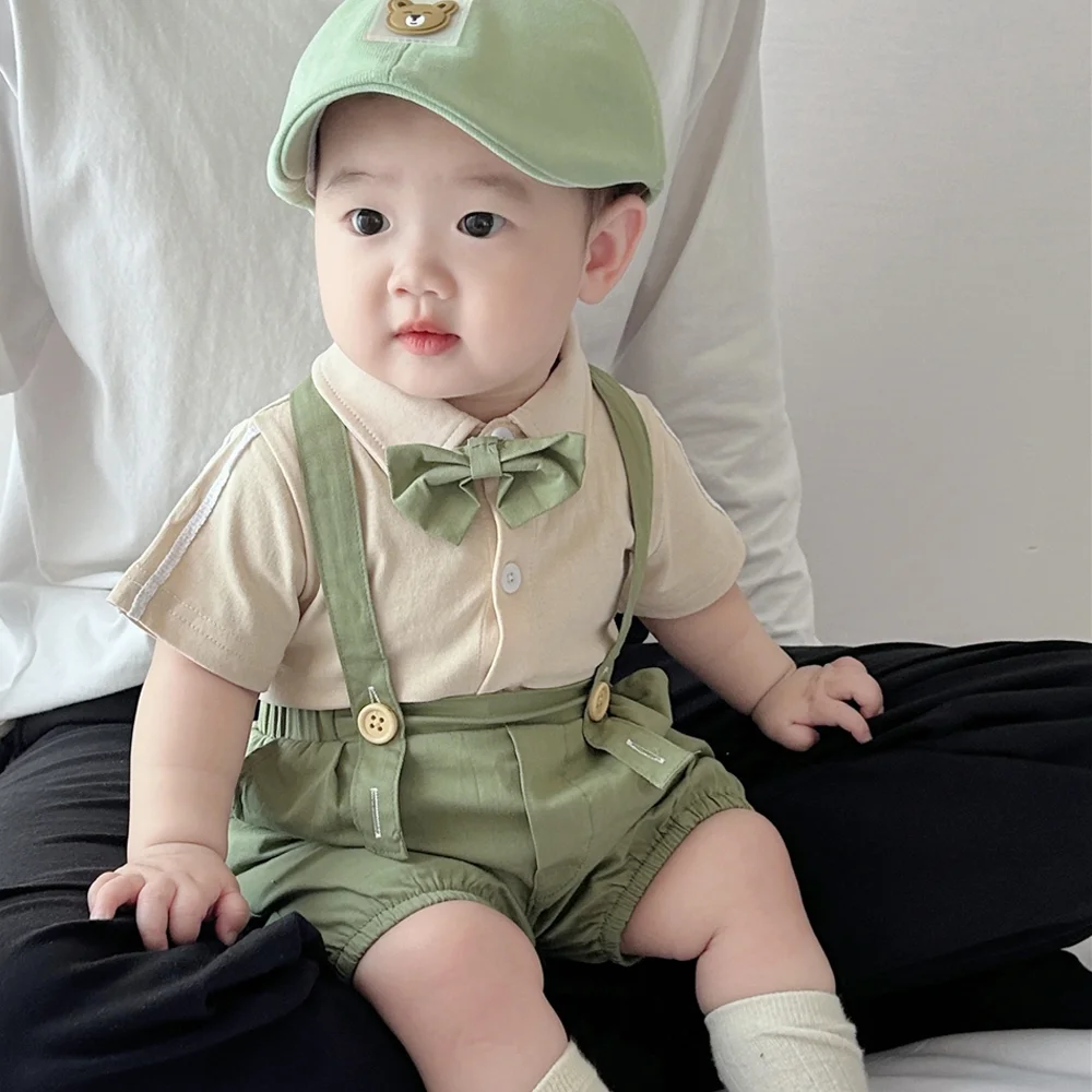 Baby Summer Suit Boy Baby Short Sleeve Polo Shirt Strap Shorts 0-2 Year Birthday Dress Handsome New Born Baby Items