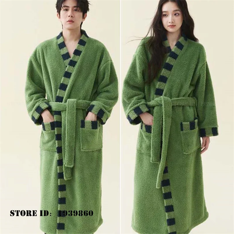 Winter Thicken Couple's Shower Robe Kimono Gown Loungewear Warm Coral Fleece Long Robe Sleepwear Loose Flannel Homewear Pajama