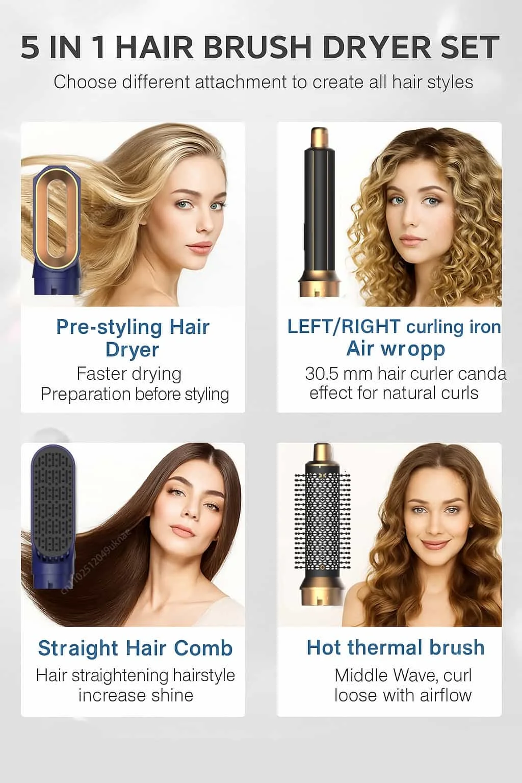 5 In 1 Hair Dryer Brush Set Professional Hot Air Comb With Curling Iron Hair Straightener For Styling And Volumizing Hair