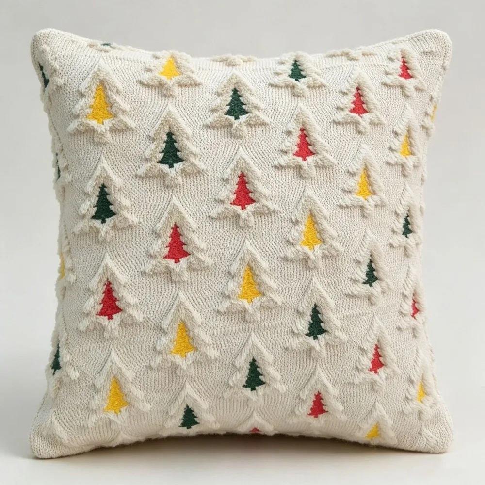 Embroidered Throw Pillow Covers Christmas Tree 3D Cushion Covers Soft Cozy Texture 18x18 Inch Decorative Pillowcase