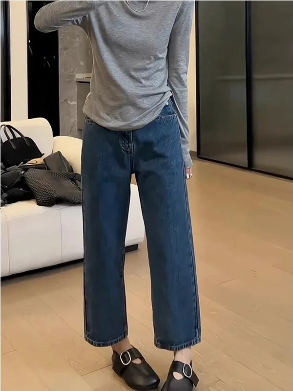 Retro perna reta denim jeans feminino primavera tamanho grande solto carne escondendo nove pontos calças de cintura alta jeans casuais