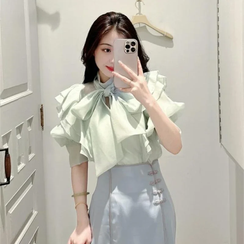 Kuzuwata Summer Sweet Bow Flying Sleeves Blouse Chiffon Cascading Ruffle Shirt Strench Waist Slim Fit Fashion Japanese Chic Top