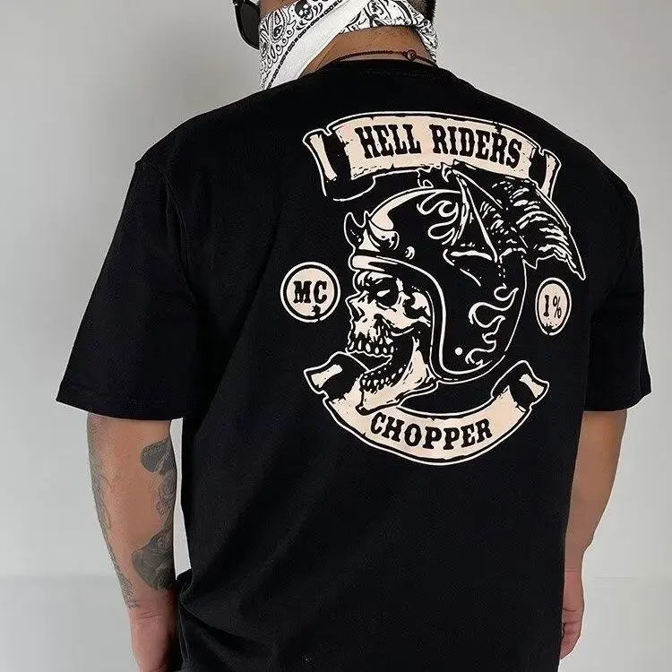 Summer Tough Guy Trendy Locomotive Retro Short-sleeved Hell Knight Skull Pure Cotton Loose Men's Heavy Short-sleeved T-shirt