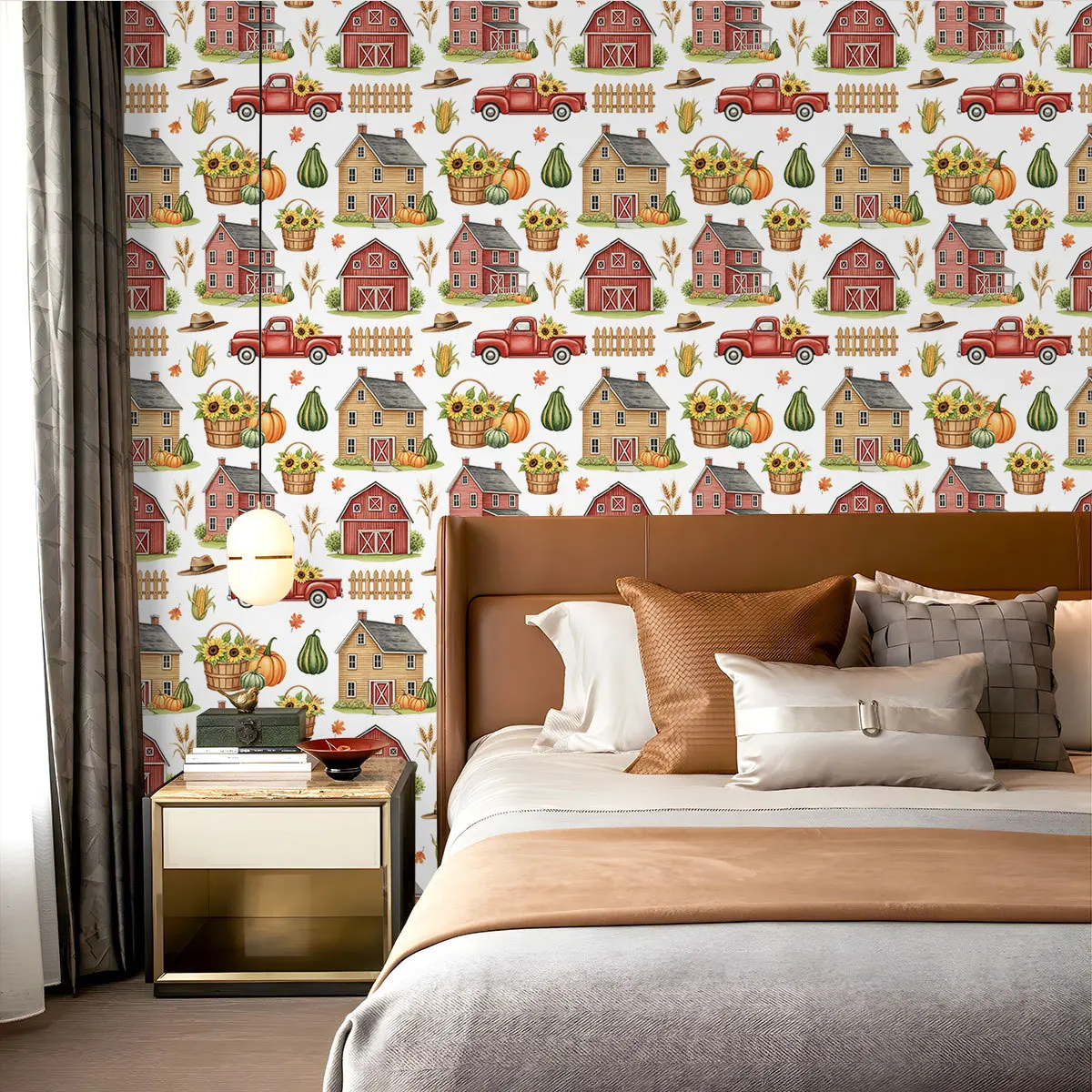 Farmhouse Pickup Truck Cartoon Print Self-Adhesive Wall Decals Hiding Wallpaper Suitable Home Dormitories Bedrooms