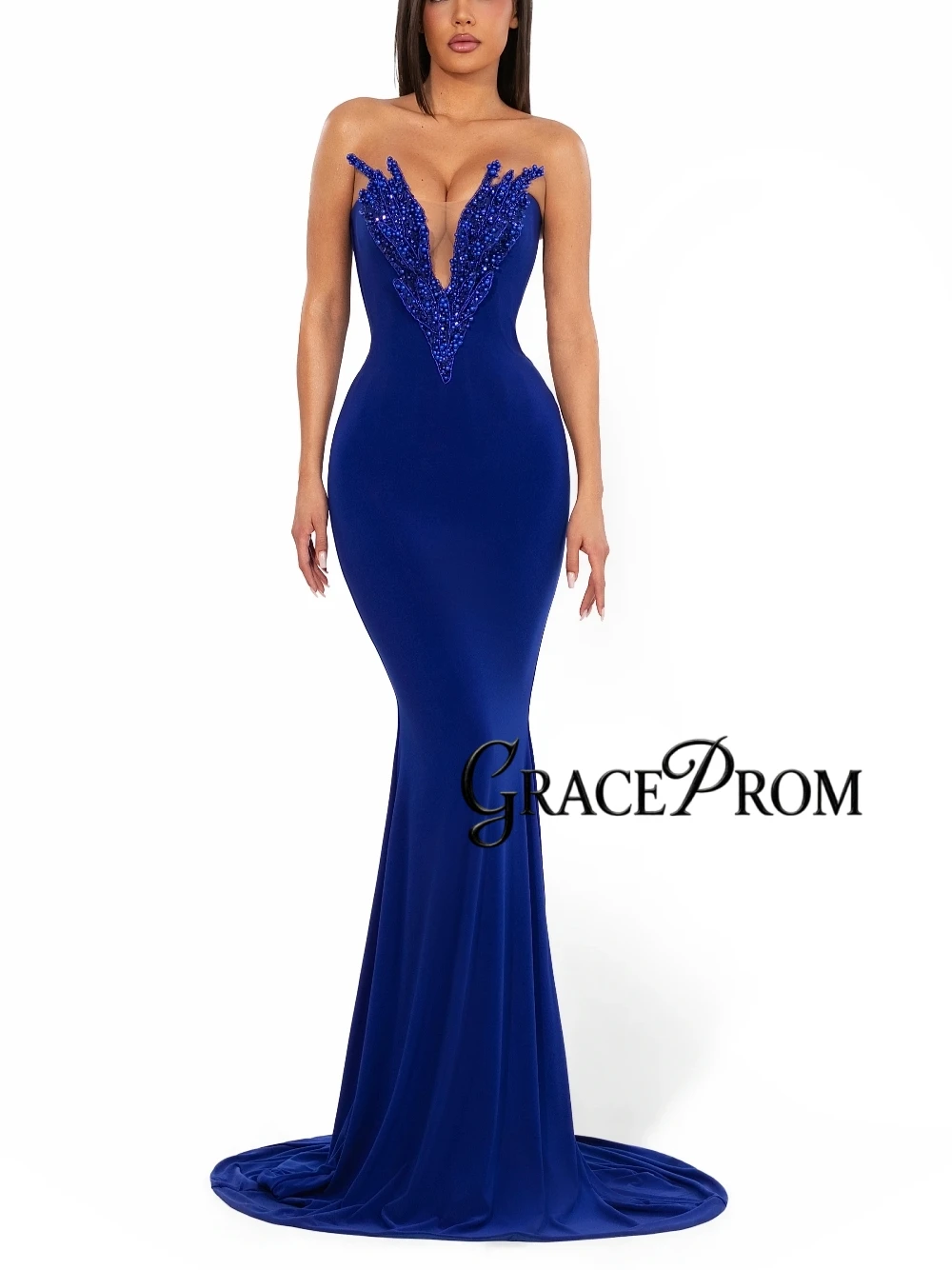 

Royal Blue Beaded Mermaid Evening Dress Sexy Deep V Neck Satin Prom Gown Customized Charming Long Cocktail Banquet Wear