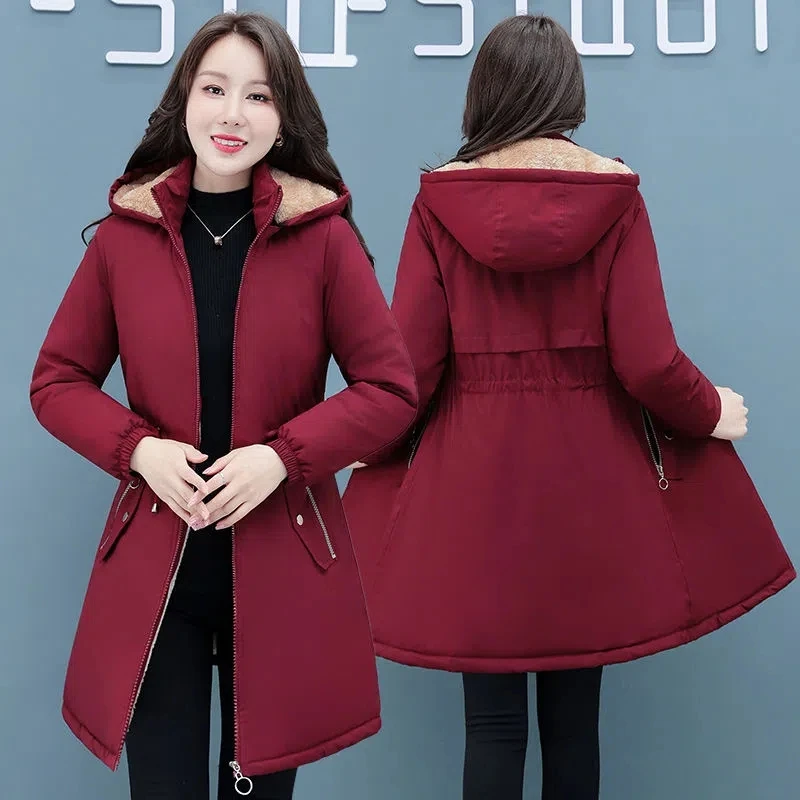 2024 Thick Velvet Warm Parkas Hooded Windproof Winter Jacket Women Cotton-padded Coat Female Wool Liner Overcoat High Quality