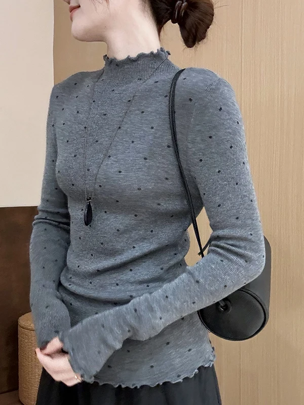 

Корейский японский высококачественный деревянный вязаный свитер в горошек с высоким воротником, женский свободный внутренний свитер большого размера...