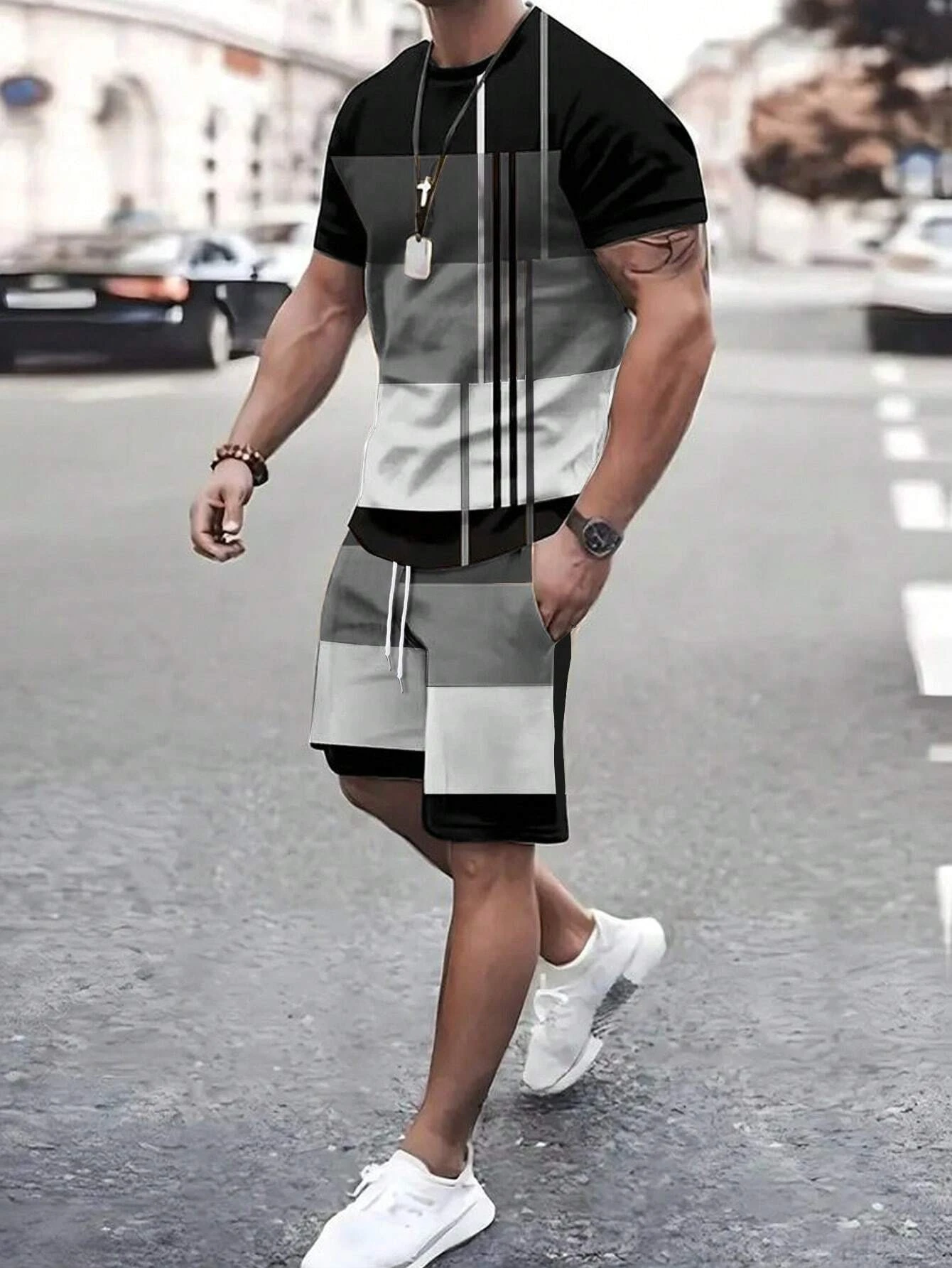 

Men Color Block Round Neck Short Sleeve T-Shirt And Drawstring Waist Shorts Casual Set Mens Tracksuit Set Sports Men's Clothing