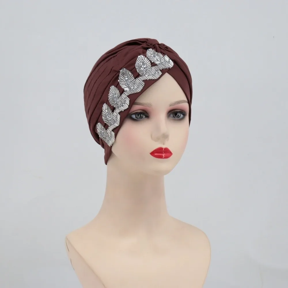 Fashion Solid Color Side Leaf Rhinestones Headscarf Elegant Versatile Cross Knot Headwrap Soft Breathable Headwrap Hat Party