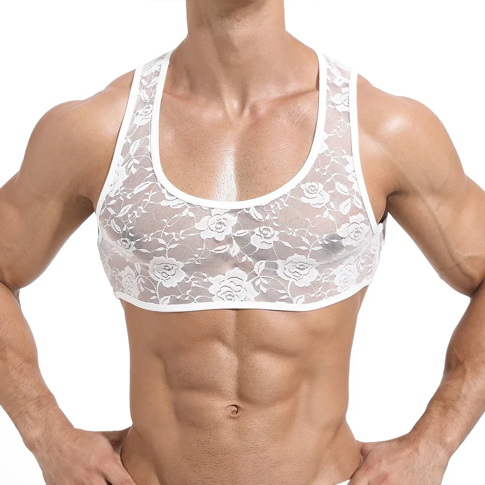 

Men Erotic See Through Lingerie Mini Vest Breathable Crop Tank Tops Nightwear Sexy Male Floral Lace Sheer Sleeveless Undershirts