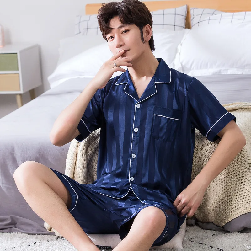 Spring and Autumn Men's Pajamas Short-sleeved Thin Ice Silk Summer Two-piece Youth Home Clothes Silk Suit Large Size