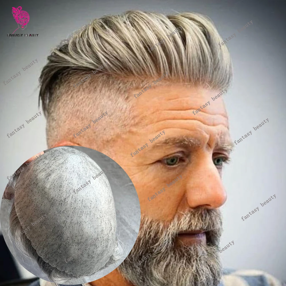 1B40 1B65 1B80 Super Durable Natural Hairline Toupee for Men Grey Black Brown Thin Micro Skin Hairpiece Human Hair Unit Old Male