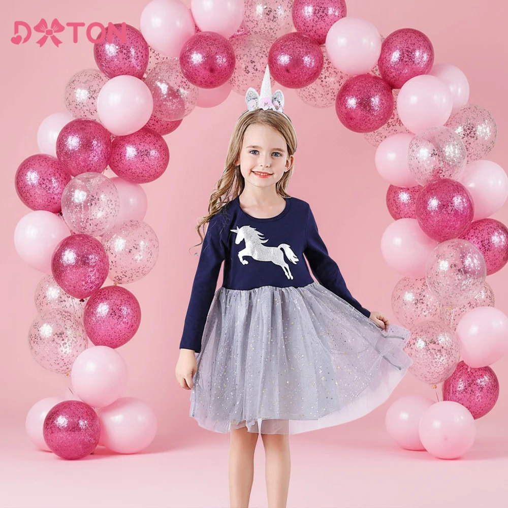 

DXTON Baby Cotton Clothing Spring Autumn Chidlren's Dresses Grey Mesh Daliy Kids School Costumes Unicorn Casual Girls Dress