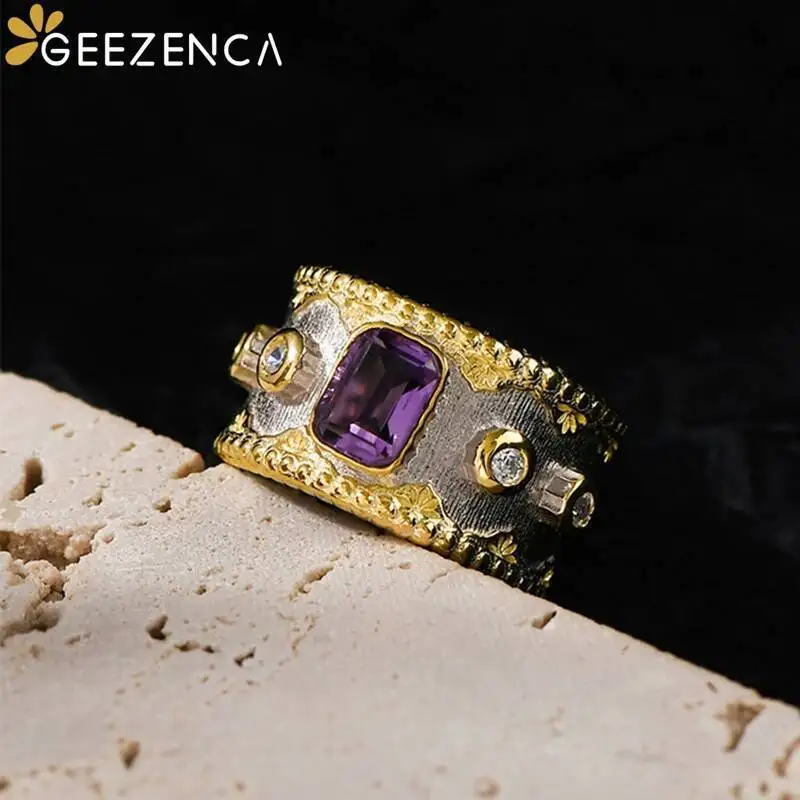 GEEZENCA Natural Amethyst 925 Silver Two Tone Chunky Rings Luxury Cocktail Ring Clearance Limited Stock First Come First Get