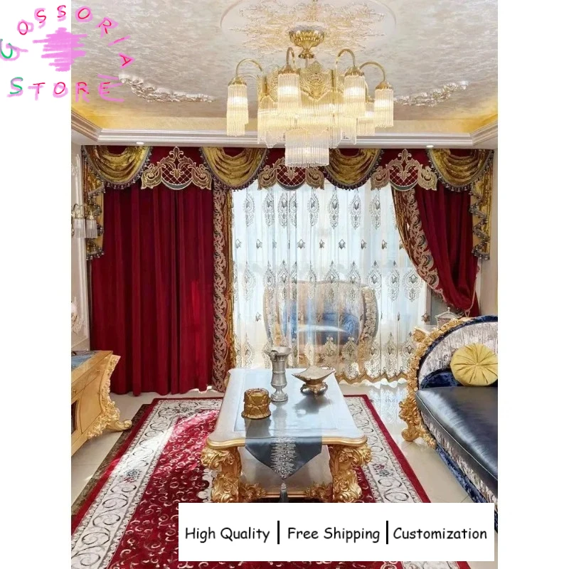 

Sample Custom Palace High Red Embroidery Velvet Thickened Curtains for Living Room Bedroom French Window Villa Custom Decor
