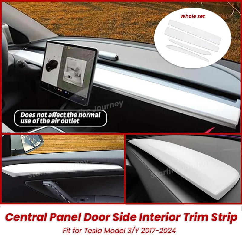 

4Pcs For Tesla Model 3 Y 2017-2024 Car Glossy Matte White Central Panel Door Side Interior Front Dashboard Trim Strip ABS Tuning