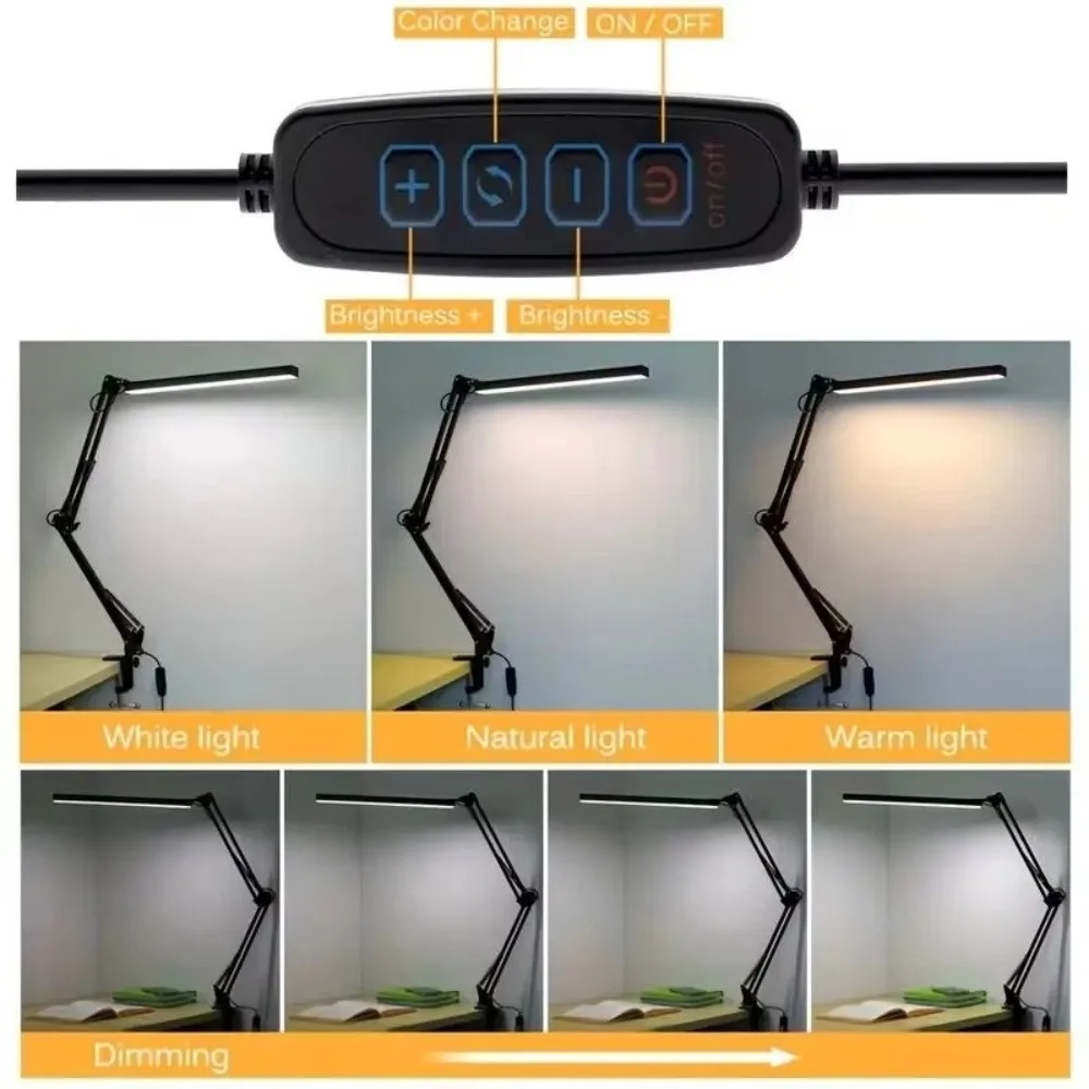 

3 Color Temperatures USB Light 10 Brightness Levels 360° Adjustable Folding Arm Lamp Metal Construction Clip On Design