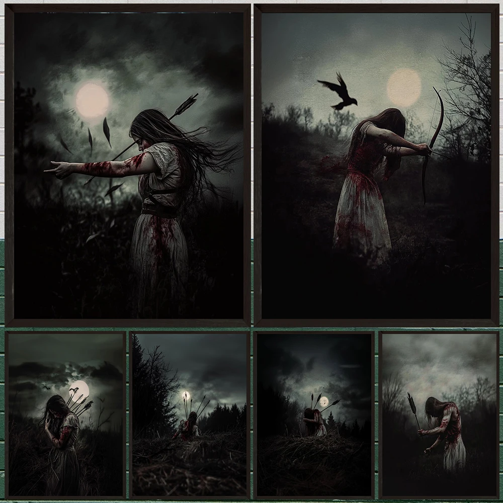 Arrows And The Witch Of Pain,Vintage Wall Art Canvas Painting,Girl Shot By An Arrow Creepy Gothic Art Poster Print Home Decor