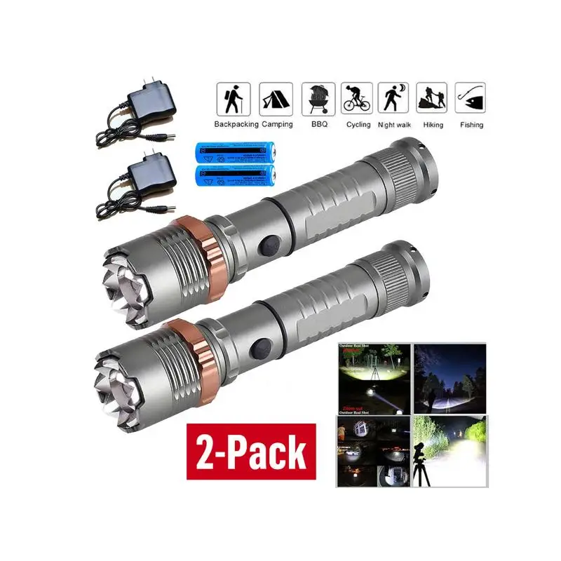 2 حزمة مصباح يدوي LED قابل لإعادة الشحن 5 أوضاع شعلة زوومابلي مع بطارية وشاحن للمشي لمسافات طويلة والتخييم للاستخدام في الهواء الطلق #5