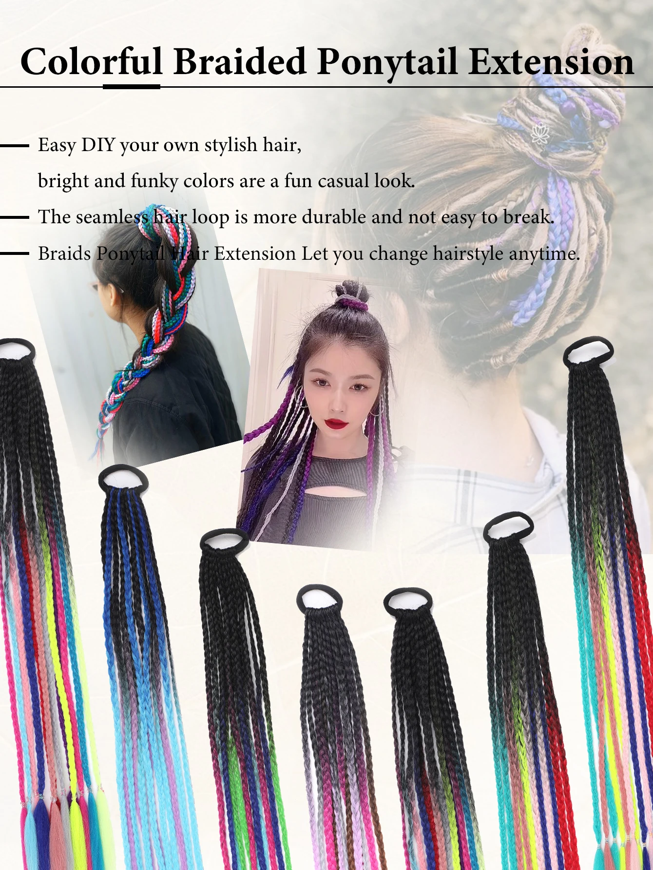 وصلات شعر صناعية مضفرة بألوان قوس قزح مع أربطة مطاطية على شكل ذيل حصان مستقيم لحفلة مهرجان الموسيقى والعام الجديد