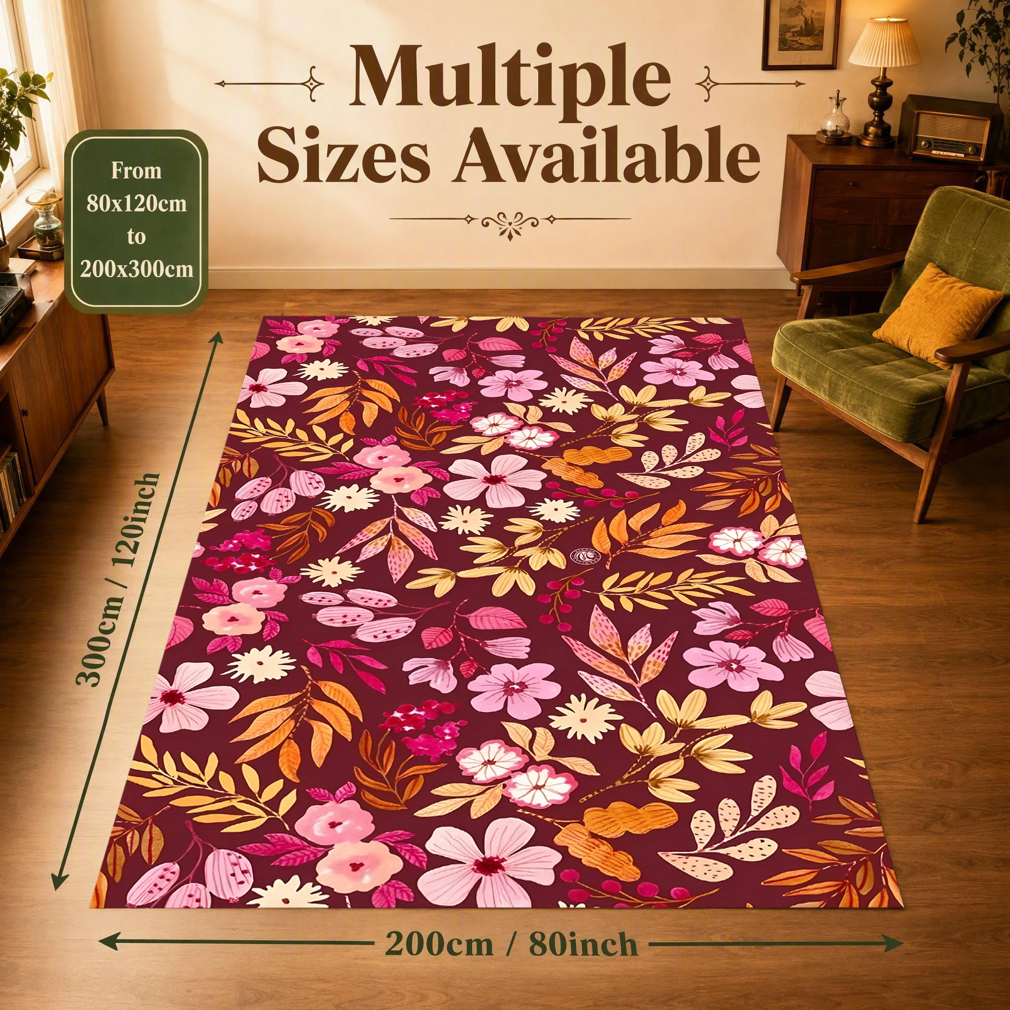 Pink Floral and Autumn Leaf Print Retro Pastoral Style Autumn and Winter Velvet Rug, Suitable for Living Room, Bedroom, and Bedside, Creating a Warm and Cozy Autumn Harvest Atmosphere