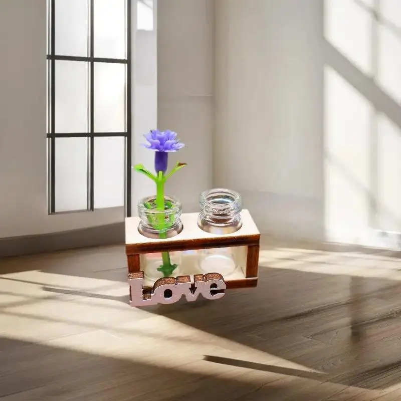 Compact Glass Bouquet Vase Miniature 1:12 Scale Dollhouse DIY Wood Hydroponic Flower Stand, Home & Garden Decoration Playset