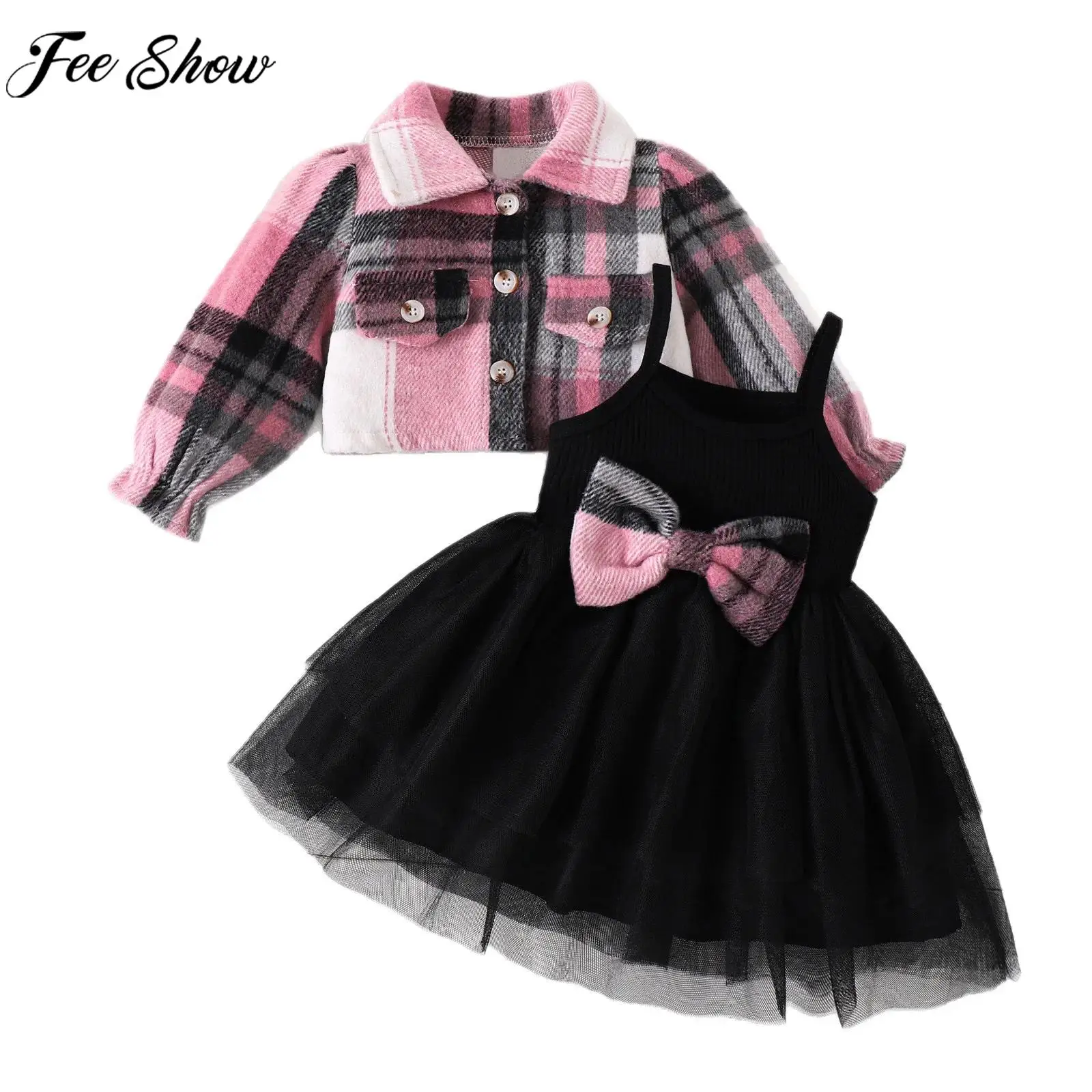 

Baby Girls Christmas Birthday Party Costume Long Sleeve Lapel Plaid Jacket Coat with Tulle Dress Bow Headwear for Autumn Winter