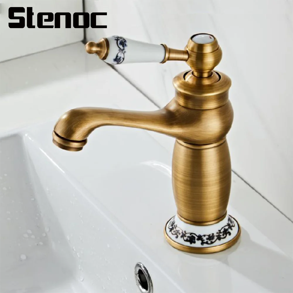 

Antique Brass Deck Mounted Single Handle One Hole Brushed Hot And Cold Bathroom Mixer Faucet Lavatory Mixer Tap Basin Faucet