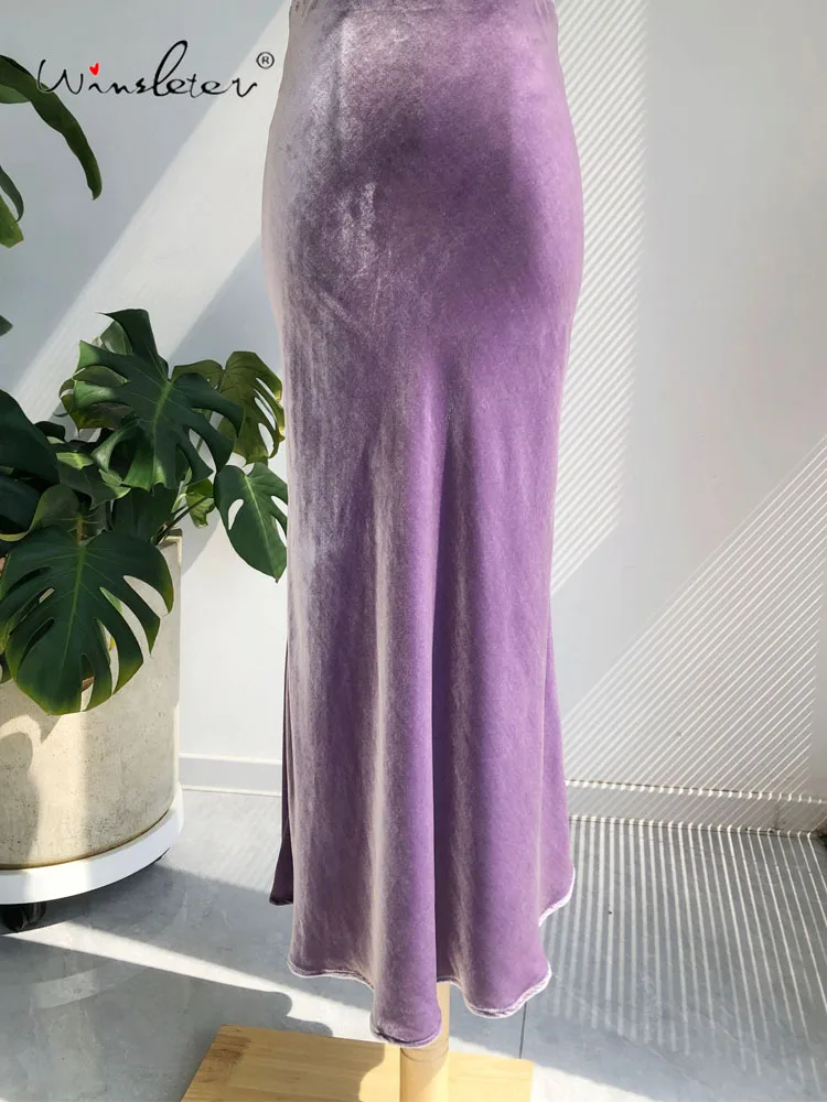 

BirdTree-Women 20%Silk 80%Viscose Elegant Velvet Skirt, Elastic Waist Solid, French Retro Trumpet Skirt, 2025 Autumn B58362CC