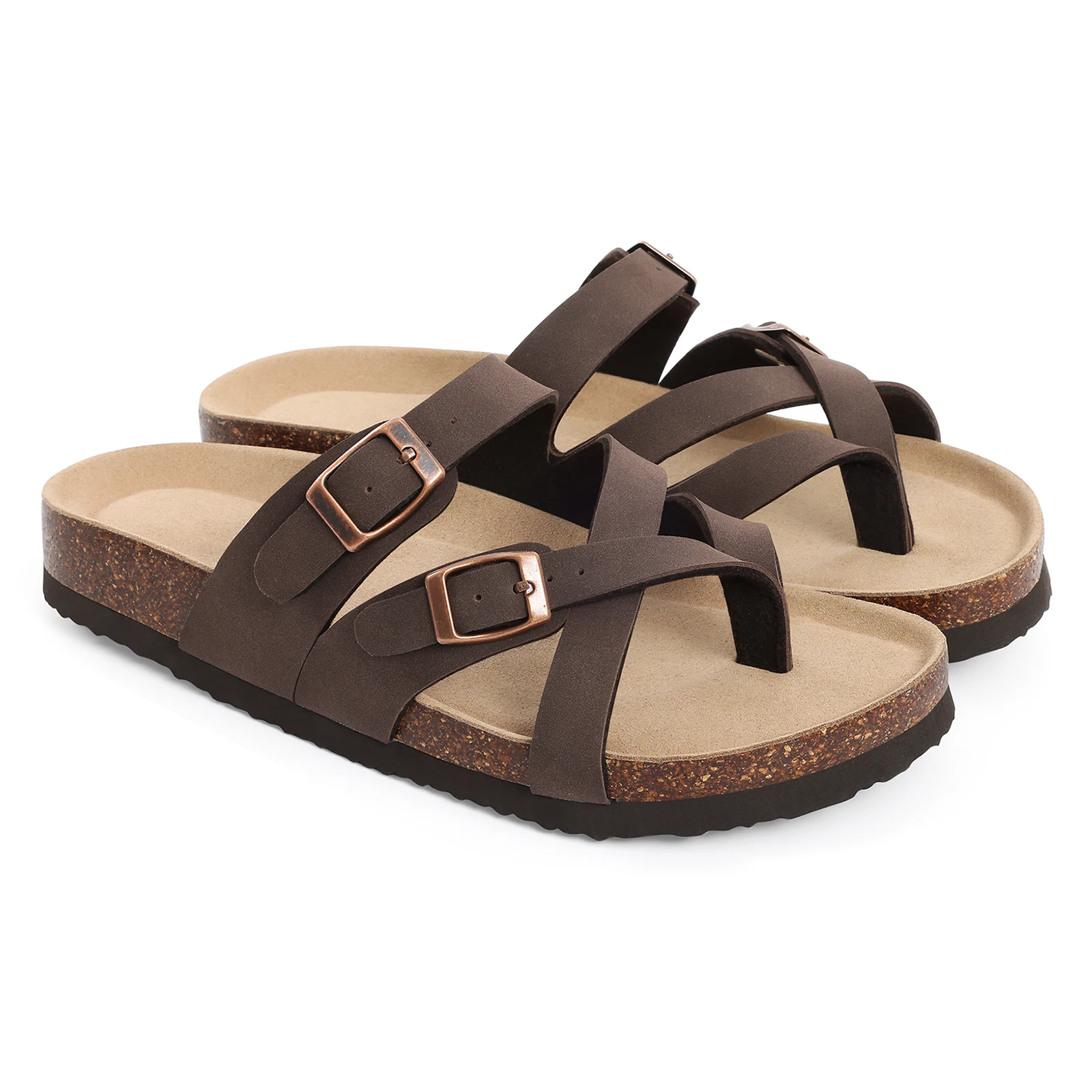 Smile Popcorn Ladies Cross Band Cork Thong Flip Flops Two Metal Buckle Open Toe Anti Slip Outdoor Casual Walking Sandals Women